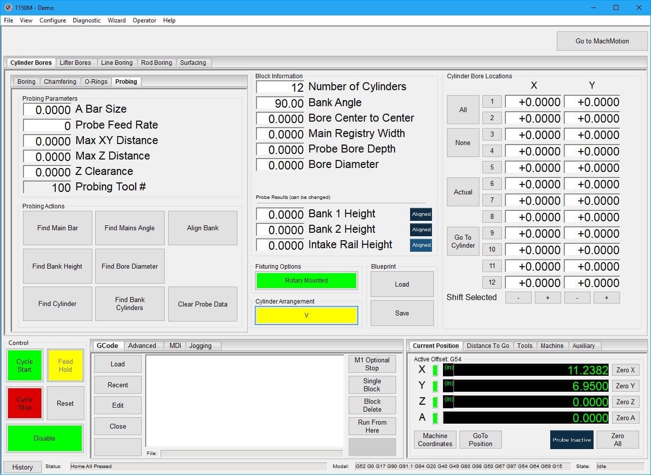 BlockMaster CNC conversational touchscreen interface with engine block loaded